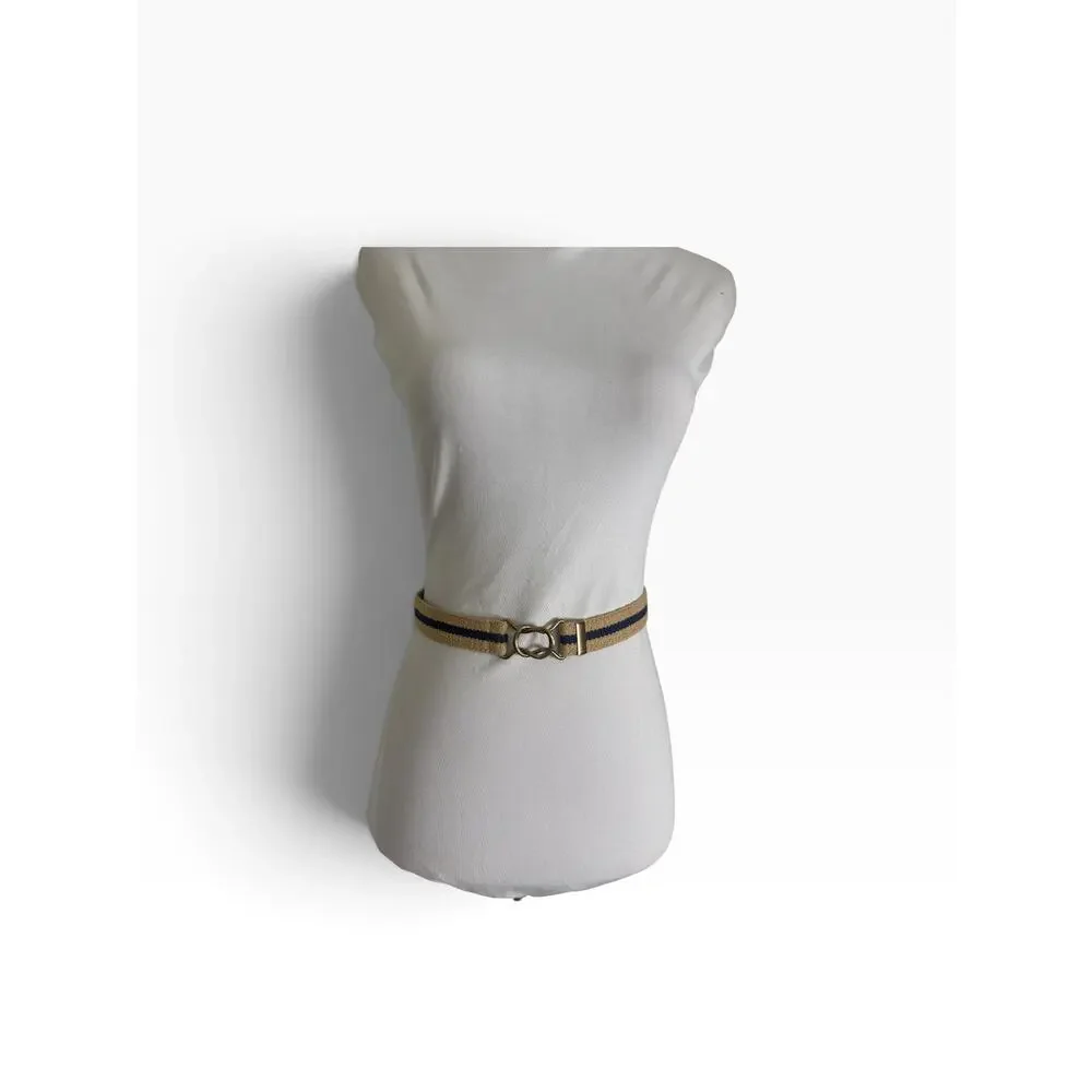 Vintage 80s Preppy Khaki Navy Stripe Stretch Belt Brass Buckle S/M